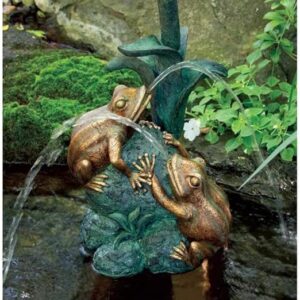 Decorative garden fountain with two frogs spouting water into a pond.