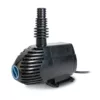 Black submersible water pump with ribbed vertical outlet nozzle and front intake grille on white background