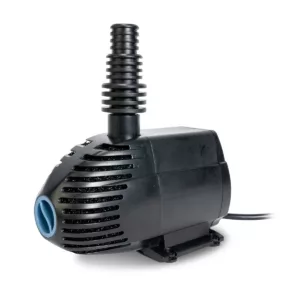 Black submersible water pump with ribbed vertical outlet nozzle and front intake grille on white background