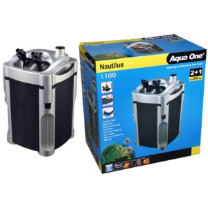 Aqua One Nautilus 1100 canister filter next to its retail box on white background