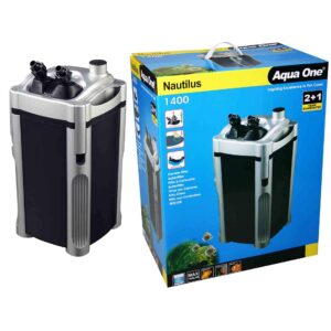 Aqua One Nautilus 1400 canister filter next to its retail box on white background