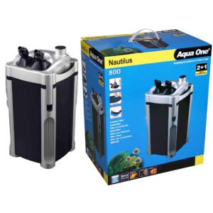 Aqua One Nautilus 400 canister filter next to its retail box on white background