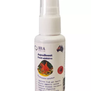 White spray bottle labeled “BBA AquaBoss Food additive” with fish graphic and number 4 on label