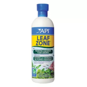 Bottle of API Leaf Zone liquid fertilizer for promoting aquarium plant growth.