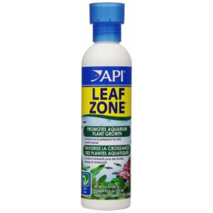 Bottle of API Leaf Zone liquid fertilizer for promoting aquarium plant growth.