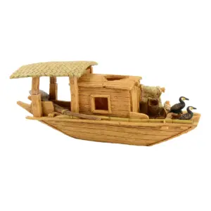 Traditional River Boat with Cormorants Aquarium Ornament
