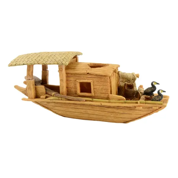 Traditional River Boat with Cormorants Aquarium Ornament